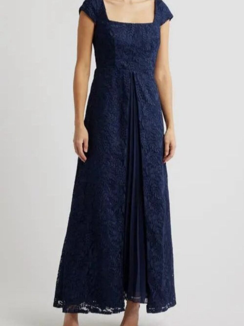 Kay Unger Women's Blue Claudia Pleated Floral Lace Gown Dress Size 12